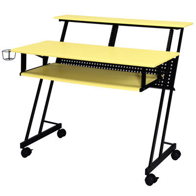 Bureau de travail jaune et noir avec options de mobilité, tablettes rectangulaires, structure en bois et structure en métal, roue mobile pour la production audio - garniture de plateforme