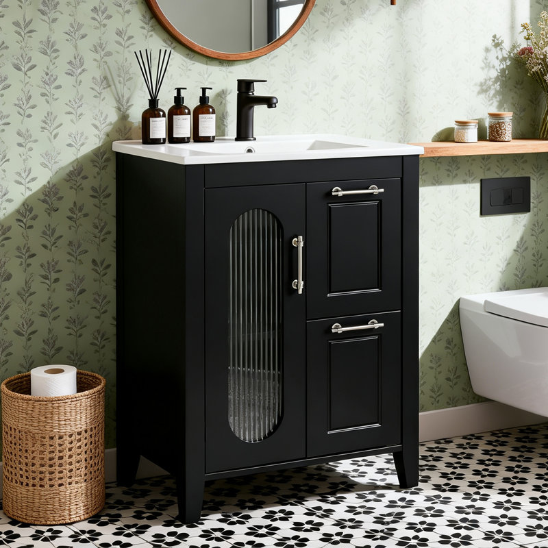Meuble-lavabo 24 po avec lavabo, meuble-lavabo 24 po avec deux tiroirs et porte, Noir