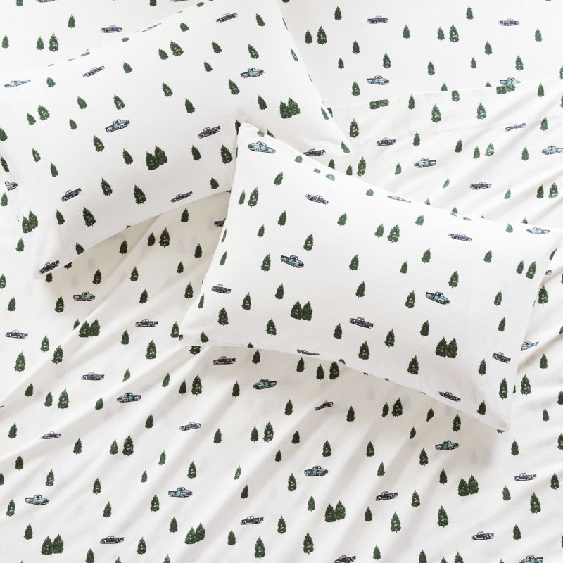Ensemble de draps 4 pièces très grand format avec arbres et camions 100% flanelle de coton lavable à la machine pour un meilleur ajustement
