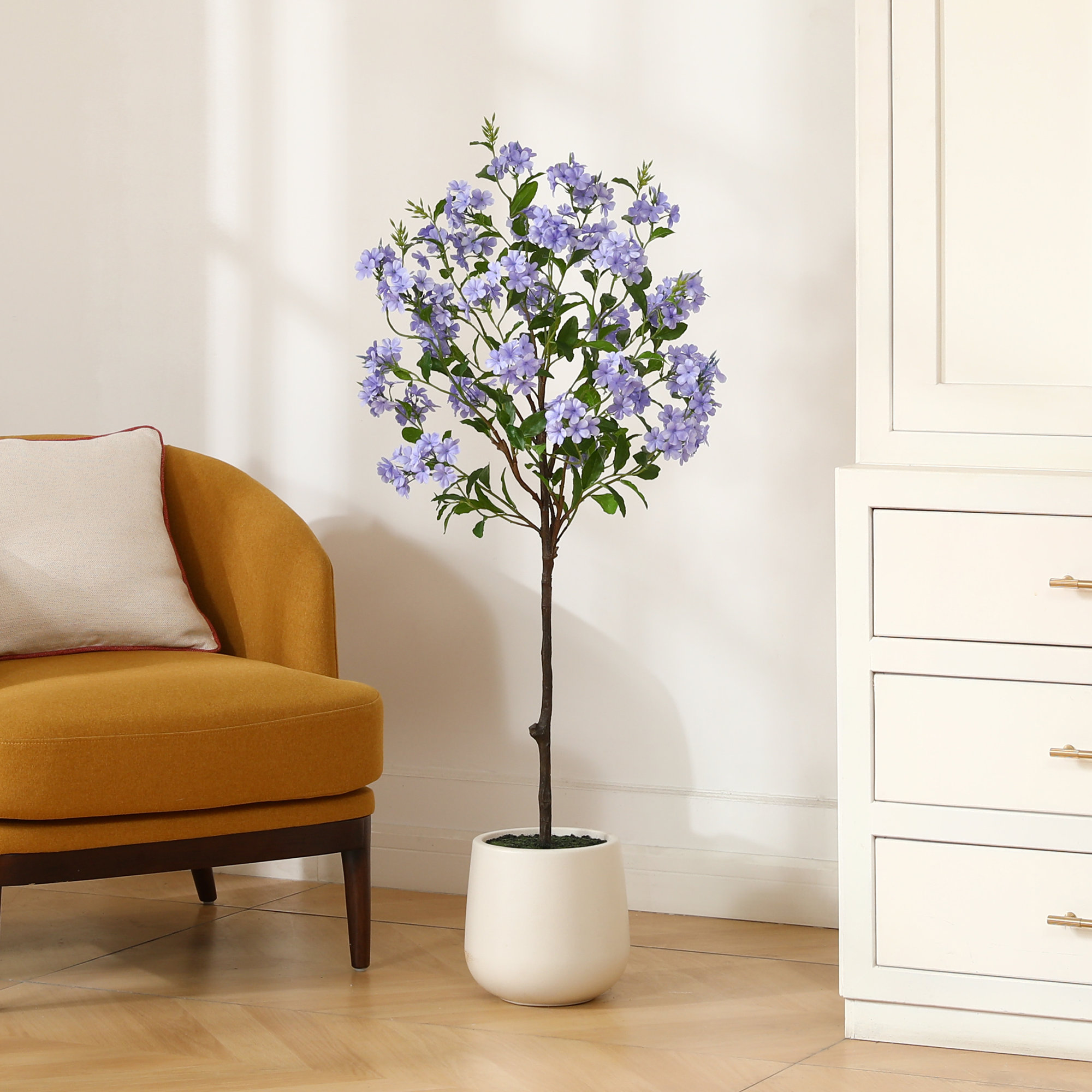 Adcock Artificial Flower Tree with Oval White Planter, Tall Faux Trees with Blue Flowers for Home Decor