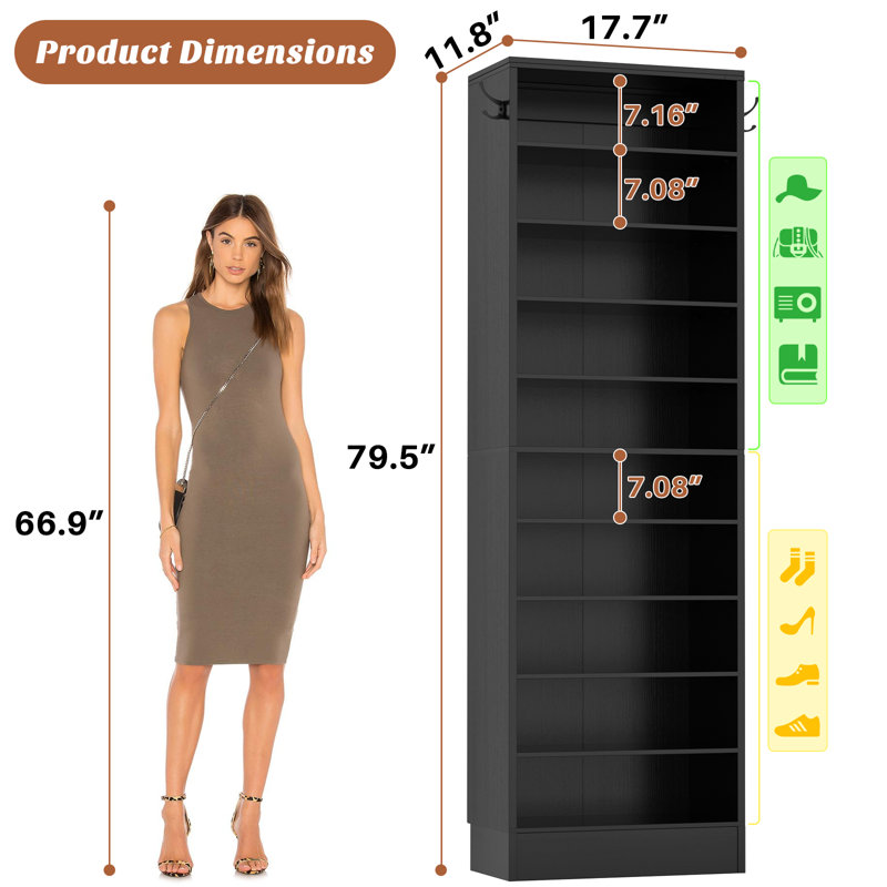Armoire de rangement pour chaussures, étagère à chaussures étroite en bois 10 niveaux, Noir