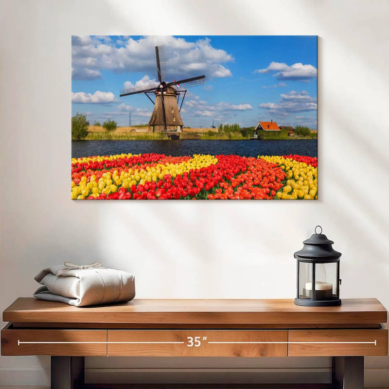 Vanna, tulipes et moulin à vent hollandais, H 16 po x l 24 po