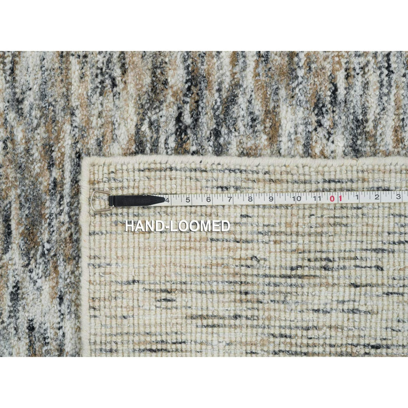 12'2"x15' Beige Modern Striae Design Pure Wool Hand Loomed Oversized Rug EB5395DF0A9A42F0A02875CDE9DD70A9