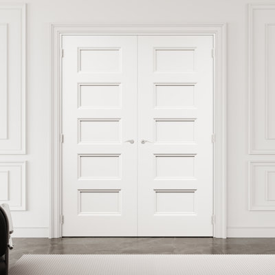 60" x 80" 5-Panel Hollow Core Interior French Door with Silver Hardware & Latch & Door Lever, White Finished & Paintable, Durable & Waterproof, Suit for Laundry, Closet Doors, Room Doors, Assembly Required