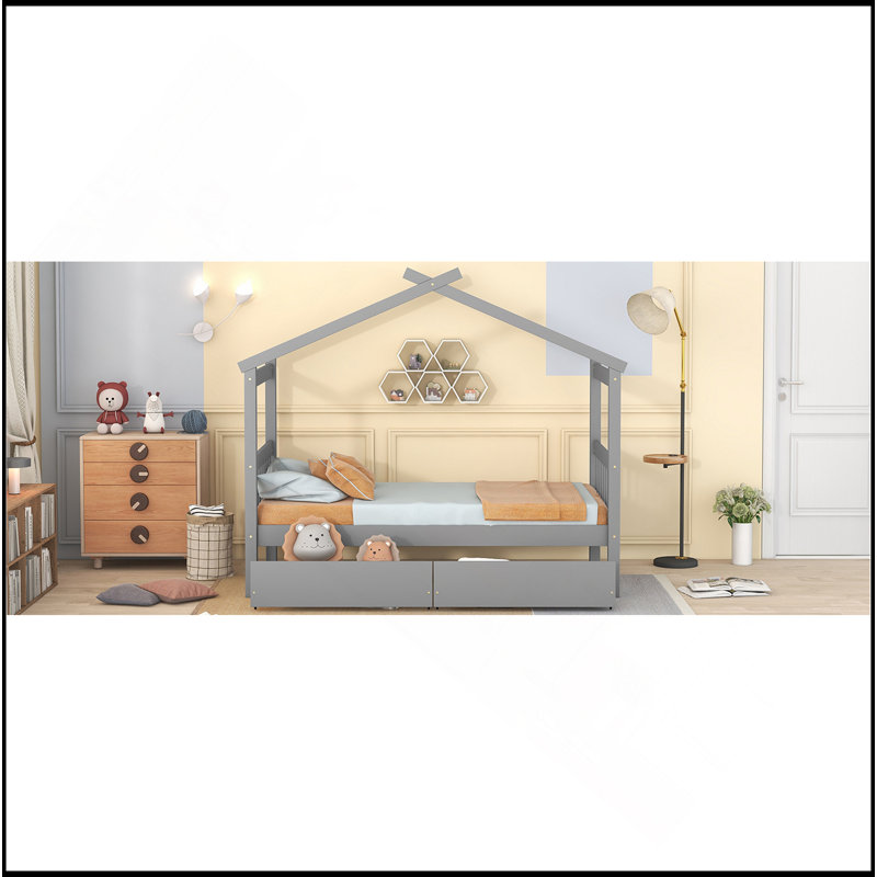 Wooden House Bed With Drawers, Gray