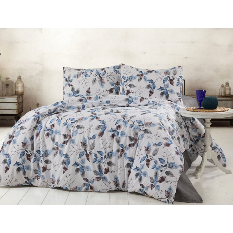 Ensemble de housse de couette, Housse de couette très grand californien et 2 tai, Motif floral bleu/blanc