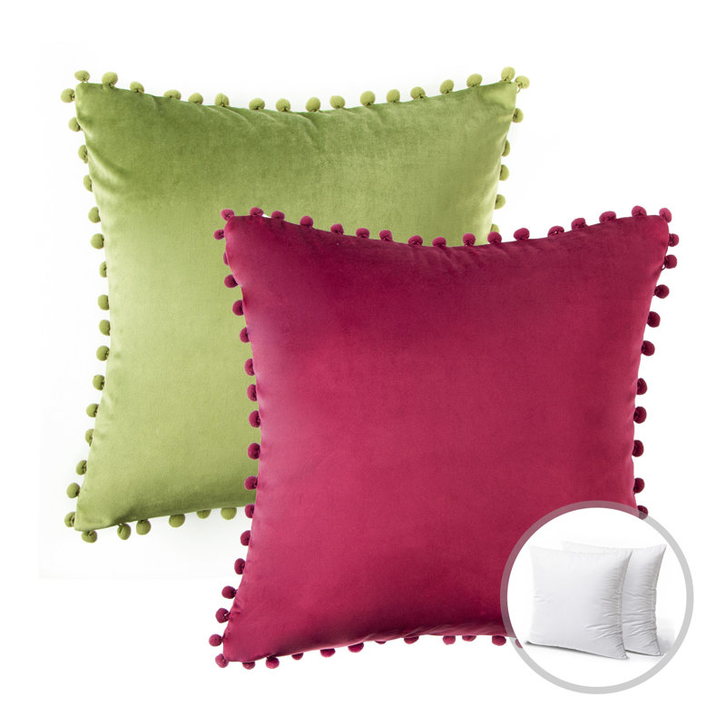 Coussin décoratif en velours bicolore avec garniture de pompons, Carré 18 po, Offwhite + Yellow