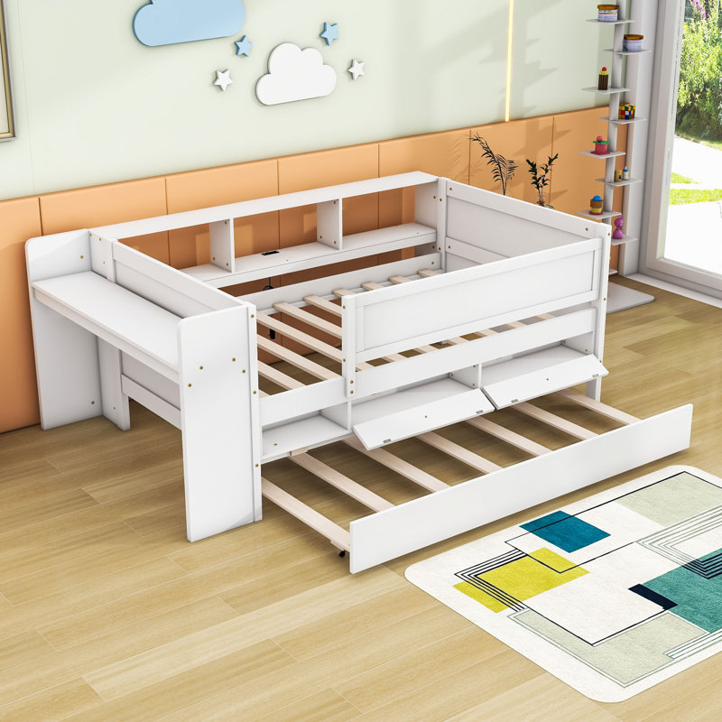 Twin Wooden Daybed with Trundle and Built-in-Desk, White