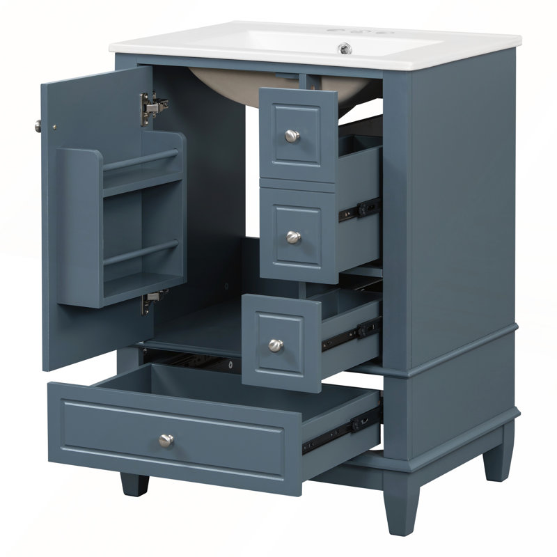 Meuble-lavabo autoportant avec lavabo en céramique, Bleu gris, 24"