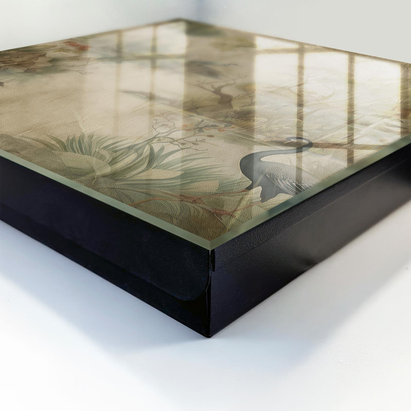Wall mounted key box, Opens to the left, 30x30x5, White, An idyllic landscape with birds and vegetation, 