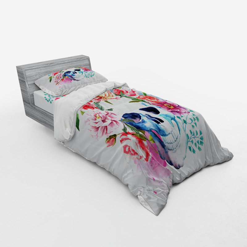Drôle de crâne avec tête florale victorienne morte squelette impression graphique ensemble de housse de couette