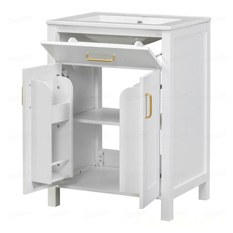 Meuble-lavabo de salle de bain avec lavabo en céramique, portes à fermeture en douceur, tiroir rabattable, tablettes de porte à double couche, solution de rangement élégante