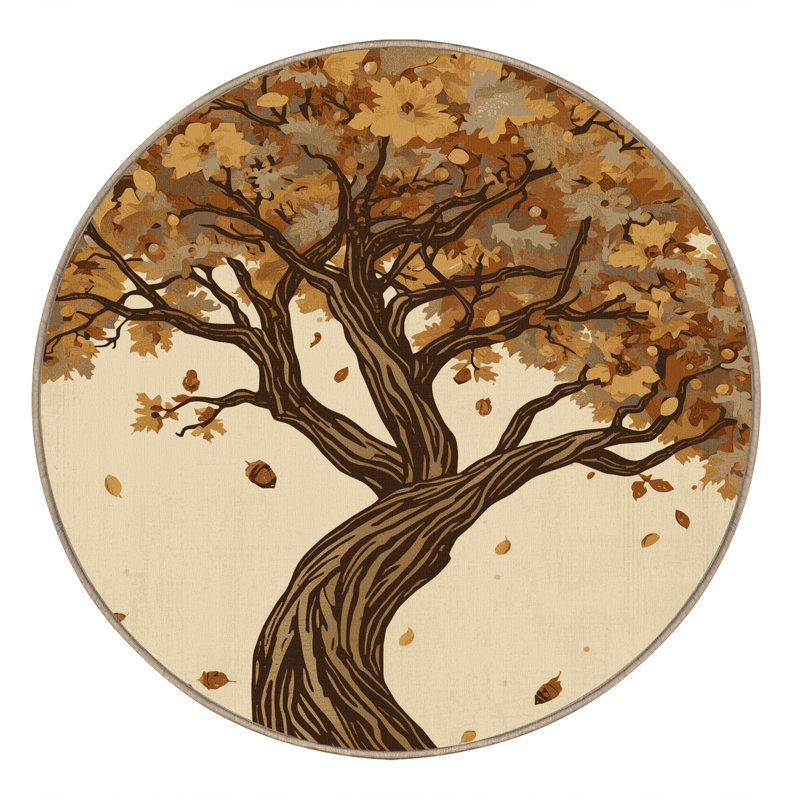 Machine Washable Ortencia Oak Tree Country Rustic Vintage Look Rug in Beige – Beige Binding, 3' Round