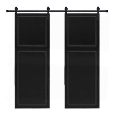 Double 2 panneaux modernes de 96 po x 64 po Porte de grange coulissante en bois de noyer noir avec ensemble de quincaillerie