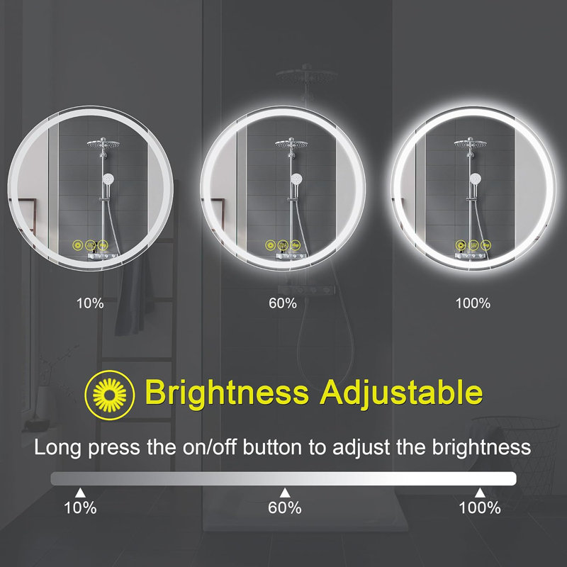 Airalyn LED Round Bathroom Mirror: Adjustable Brightness, Anti-Fog Feature, and Color Temperature Range of 3000K to 6400K for Perfect Illumination