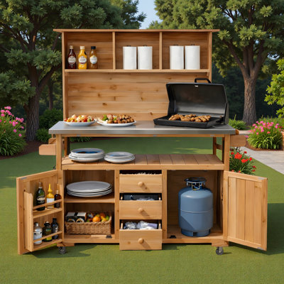 Large Garden Storage Potting Bench With Lockable Wheels, Stainless Steel Top, Drawers, Door Shelves And Hutch