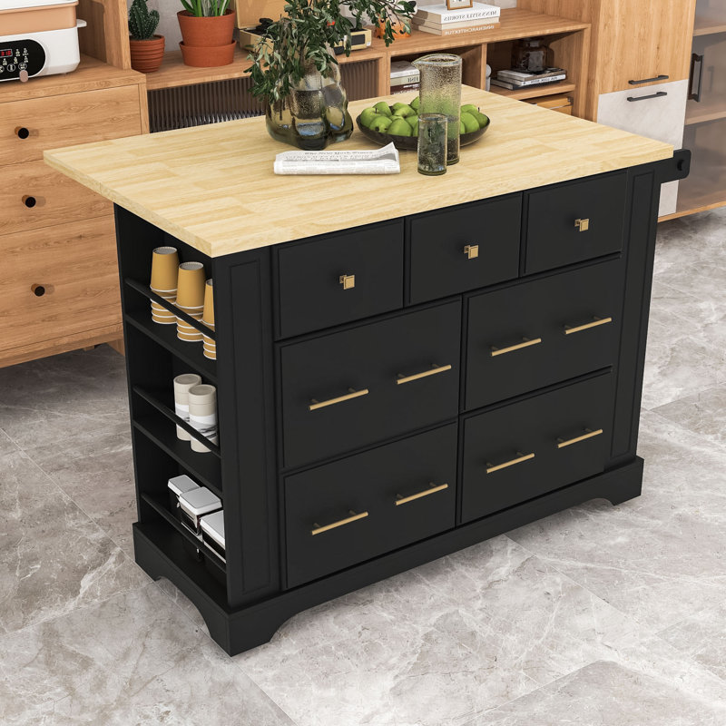 Classic Wooden Kitchen Cart with Drop-Leaf Countertop, Spacious Storage and Built-In Charging Station, Black