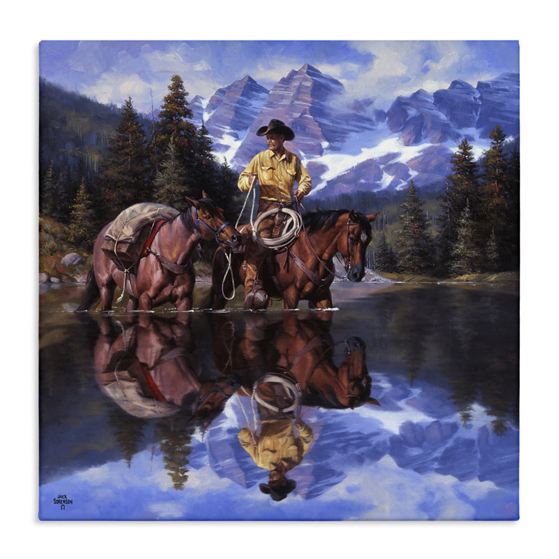 «Cowboy & Horses River Reflection», art mural par Jack Sorenson, H 17 po x l 17 po