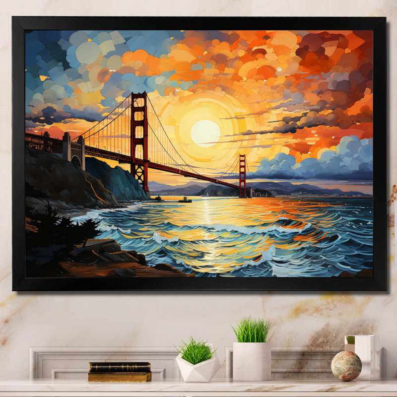 «Ebbin Orange Bridge Golden Gateway Yellow II», reproduction sur toile, H 24 po x l 32 po x P 1 po, Cadre simple noir