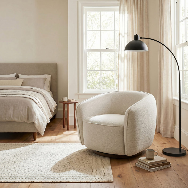 Chaise d'appoint moderne en tonneau pivotant en jacquard avec base en bois, entièrement assemblée