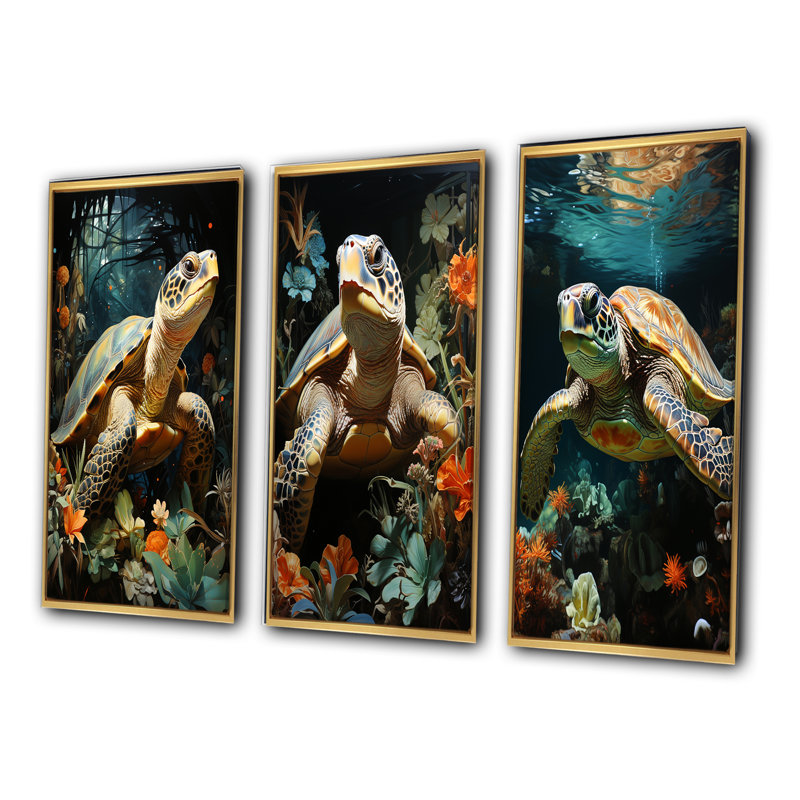 Tortue dans l'océan - ensemble 3 pièces, Encadrement doré, H 20 po x l 36 po