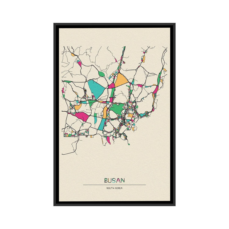 Busan, South Korea Map by Ayse Deniz Akerman - Floater Frame Print on Canvas, 101.6 cm H x 66.04 cm W, Black Floater Frame