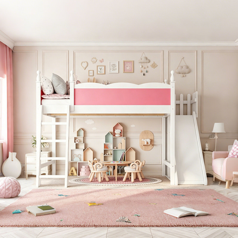 Lit mezzanine avec tablettes de rangement et garde-robe, lits mezzanine en bois massif avec glissières amovibles et échelles, aucune boîte à ressorts nécessaire
