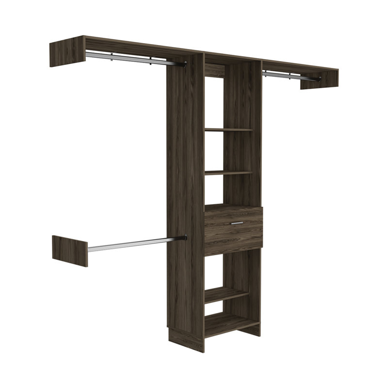 Manchester 250 Closet System with 5 Open Shelves, 1 Drawer, and 3 Metal Rods, Brown