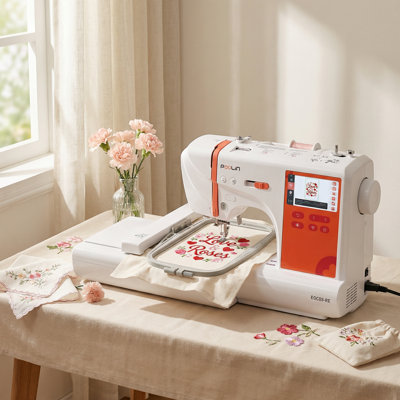 Machine à broder informatisée Poolin EOC03-RE 9,2 po x 4 po, écran tactile ACL de 4,3 po, 8 fontes, 12 langages, 154 motifs de fantaisie, USB et sans fil, logiciel, 2 cerceaux, cadeaux pour femmes