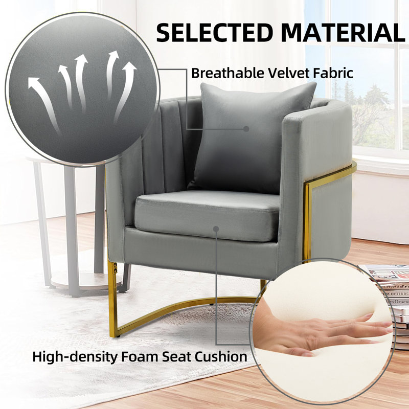 Fauteuil d'appoint demi-tonneau en velours avec coussin, Gris