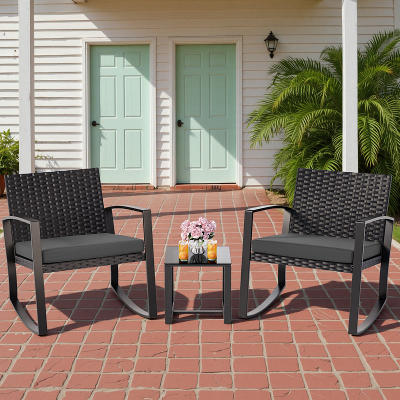 Steel 2-Person Rocking Seating Group with All-Weather Wicker Back, Cushions & Coffee Table, Black