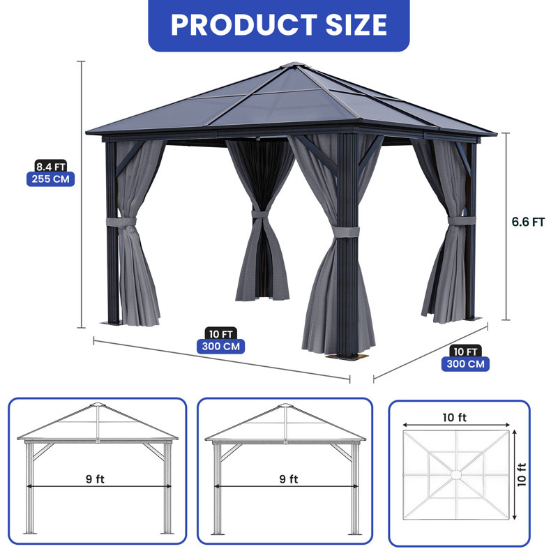  10ft x 10ft Hardtop Gazebo, Patio Gazebo, Outdoor Paviliion, Outdoor Canopy Gazebo with Double Layered Curtains : Netting Mesh and Polyester Curtains