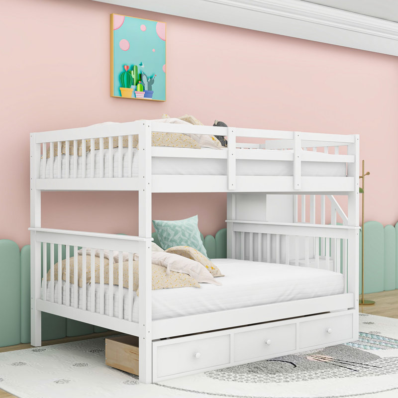 Harolene Kids Full Over Full 3 Drawers Wood Bunk Bed with Shelves, White