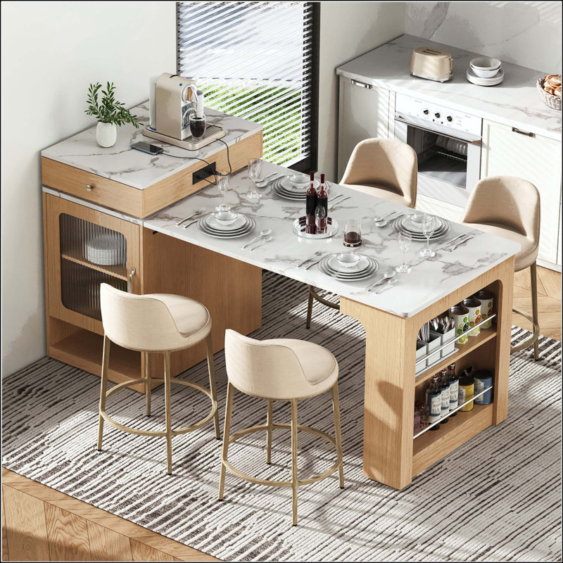 Îlot de cuisine 59,5 po avec table de salle à manger extensible, rangement et prise de courant, Naturel