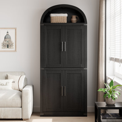 Armoire arquée de 72 po de hauteur, vitrine de style campagne moderne en bois avec tiroir et portes en verre / bois, bibliothèque à 5 niveaux avec tablettes pour le salon et le bureau