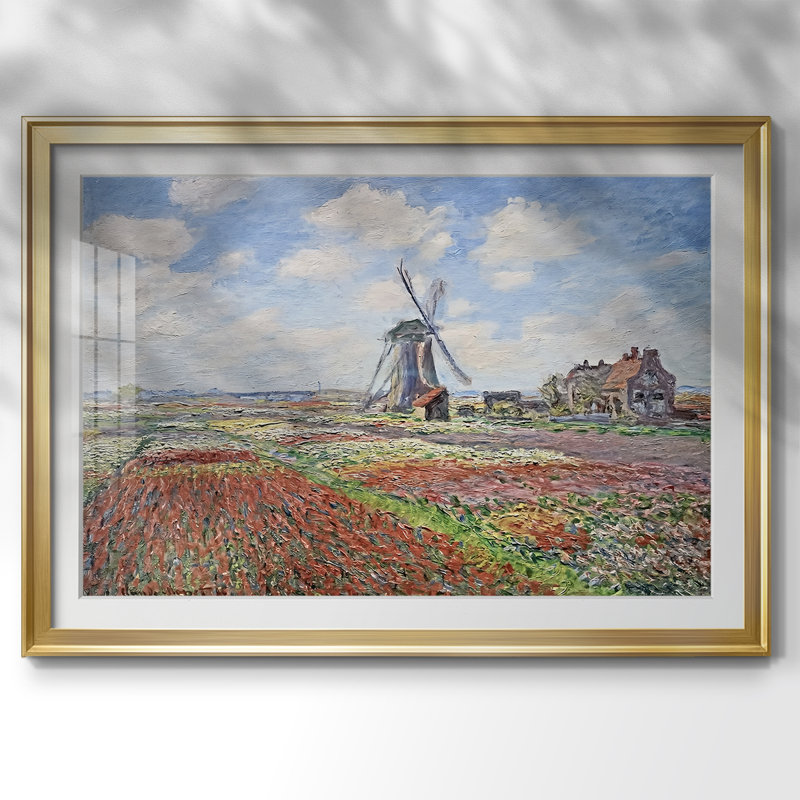 Tulip Fields with the Rijnsburg Windmill-Claude Monet - reproduction d'art encadrée avec passe-partout et verre - 1886, Doré