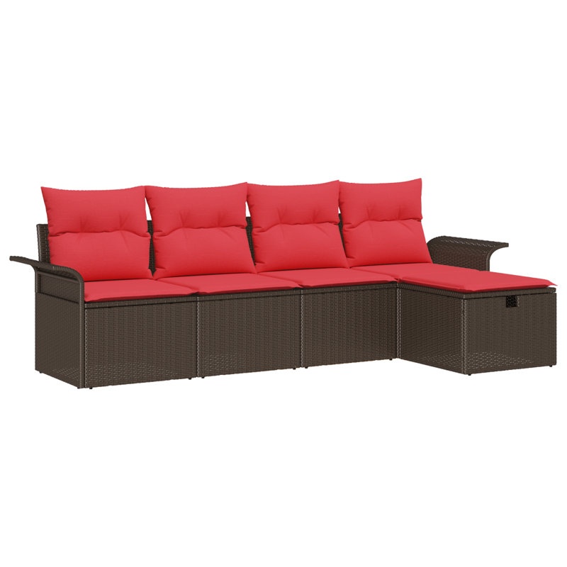 vidaXL Garden Sofa Set with Cushion 5 pcs Brown and Red Poly Rattan, Brown Frame/Red Cushion