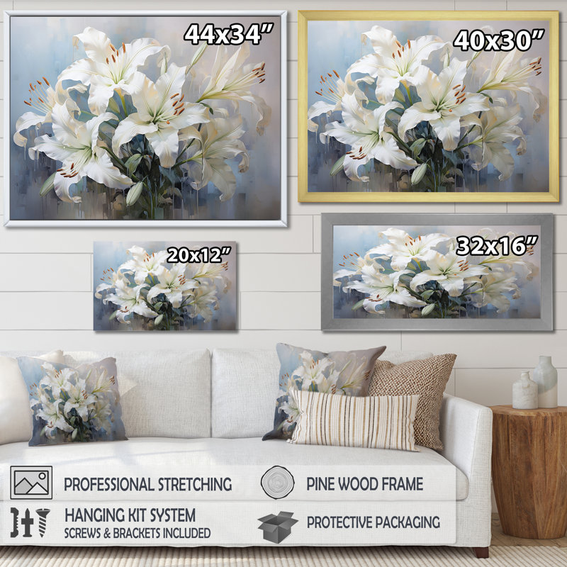 Lys blancs en fleurs - Art mural lys, H 12 po x l 20 po x P 1 po, Toile tendue