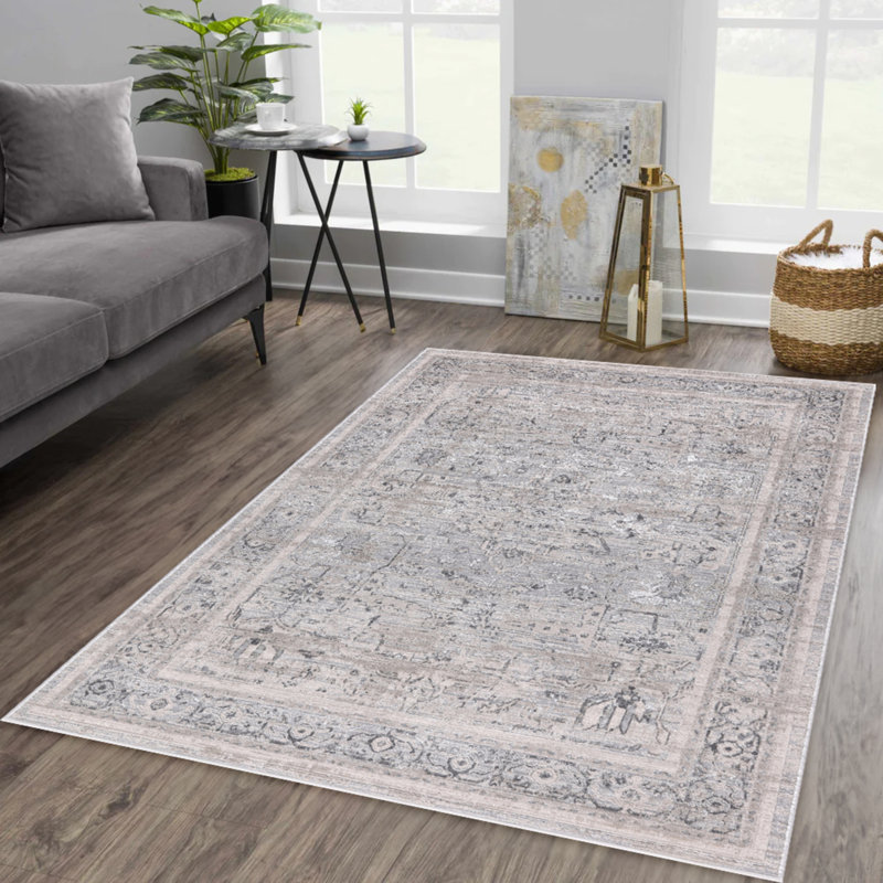 Tapis crème et gris à bordure Nevada Collection, Rectangle 7 pi 11 po x 11 pi 2 po