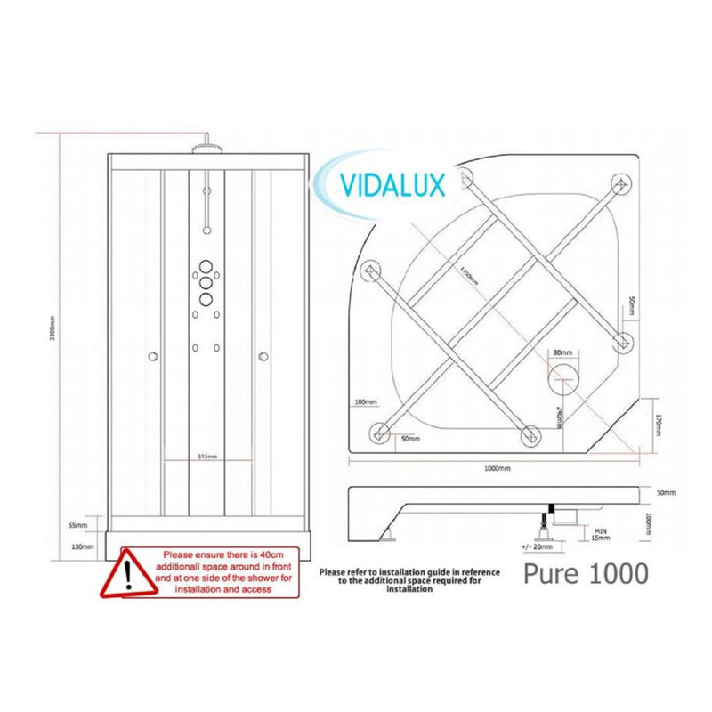 Vidalux Pure 1000 x 1000 White Shower Cabin, 230.00cm H x 100.00cm W x 100.00cm D, White