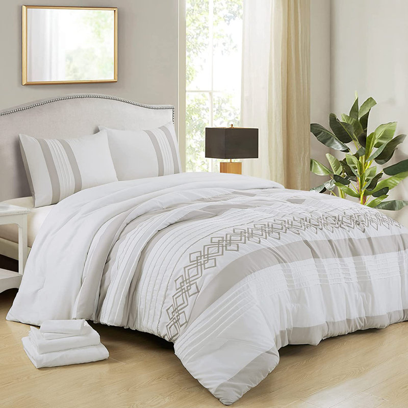 7-Pieces Pleated Stripe Comforter Set with Sheets, Gray/White, King Comforter + 6 Additional Pieces