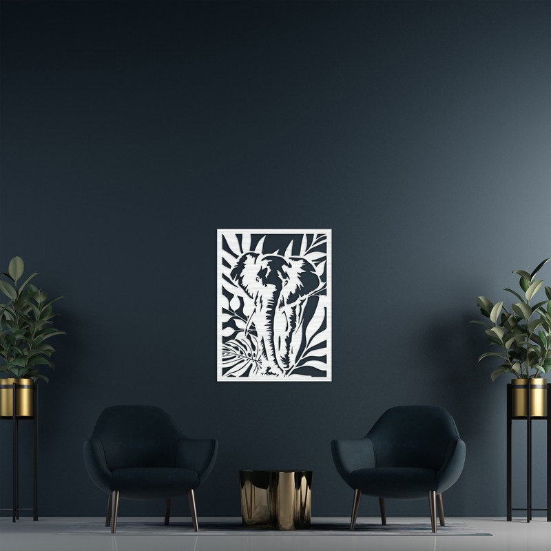 Art mural détaillé détaillé avec éléphant et feuilles d'arbre - ACM blanc (32 po x 24 po), H 46 po x l 34,5 po x P 0,25 po