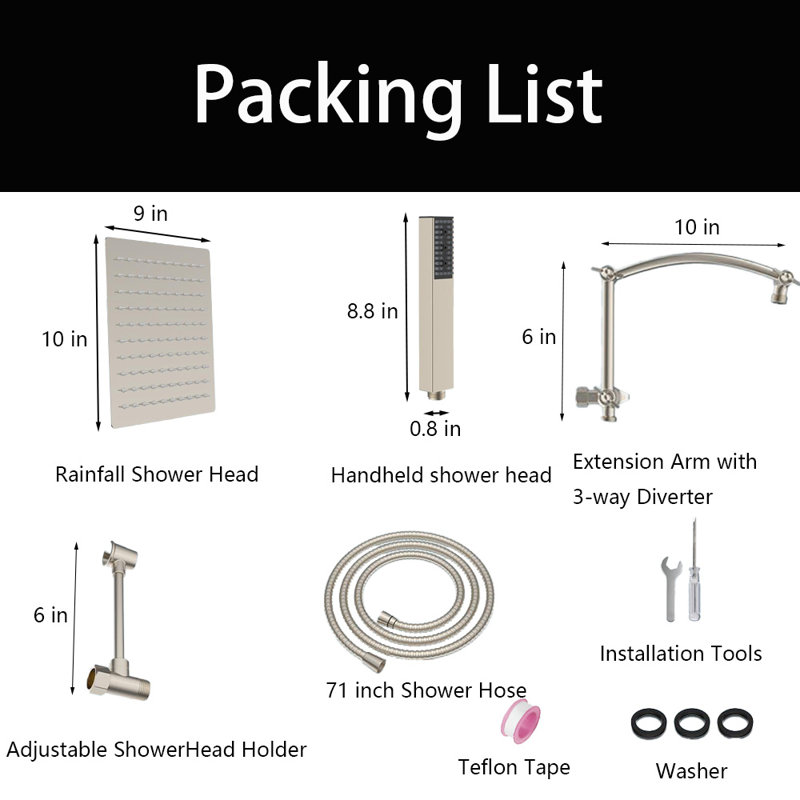 10'' Rainfall Shower Head, Dual Shower Head Combo, Adjustable Extension Arm, 71'' Hose, Brushed Nickel