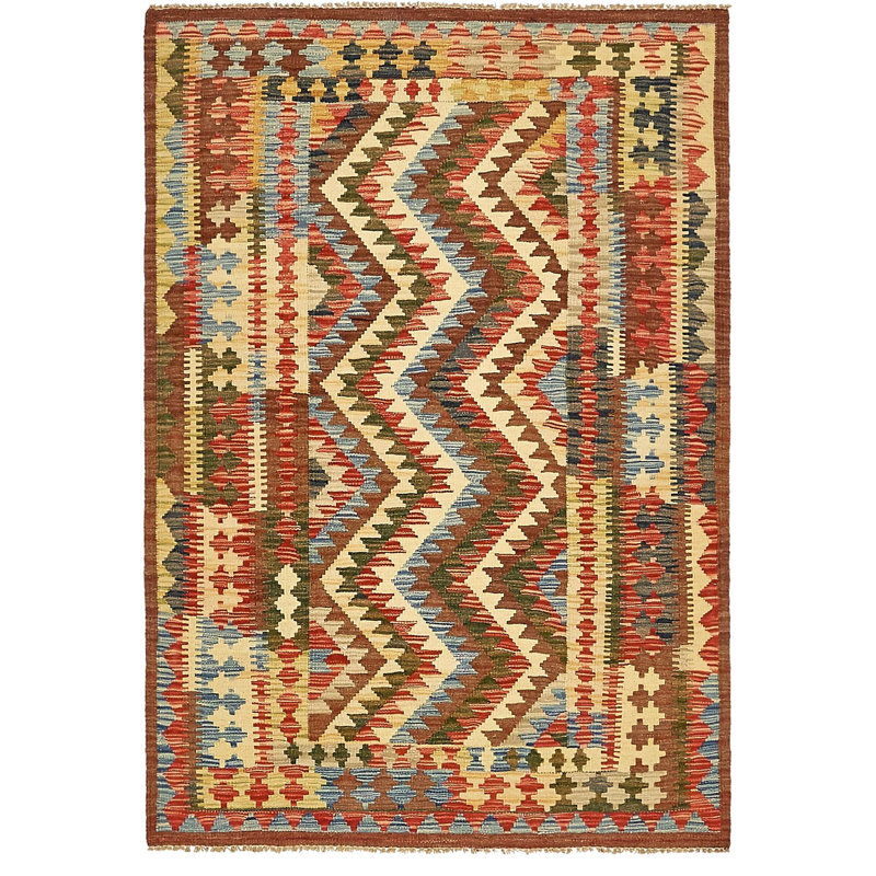 Tapis de zone en laine brun/beige/rouge/vert 3 pi 6 po x 5 pi 2 po one-of-kind-noué la main Doorfield