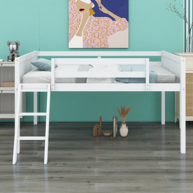 Wood Low Loft Bed With Ladder, Ladder Can Be Placed On The Left Or Right, White
