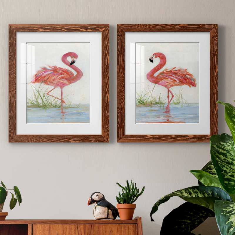 Flamingo I - ensemble de 2 peintures, Papier dans un cadre photo, H 37,5 po x l 55 po, Érable