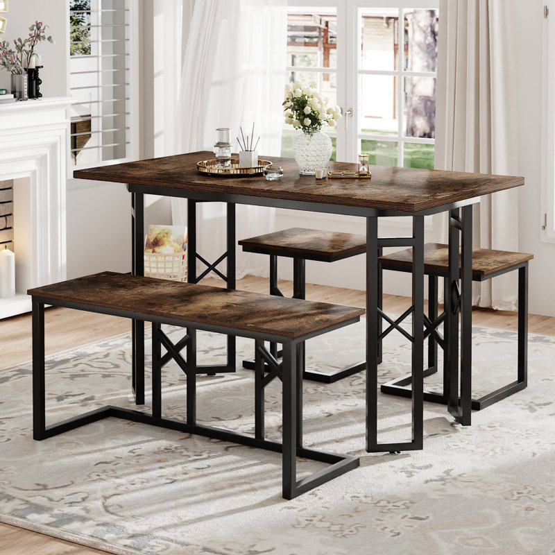 Ensemble de table de salle à manger Natylee 5 pièces avec table, banc, 2 tabourets et petite table de cuisine en rotin tissé avec coussins pour 4 cuisines en métal
