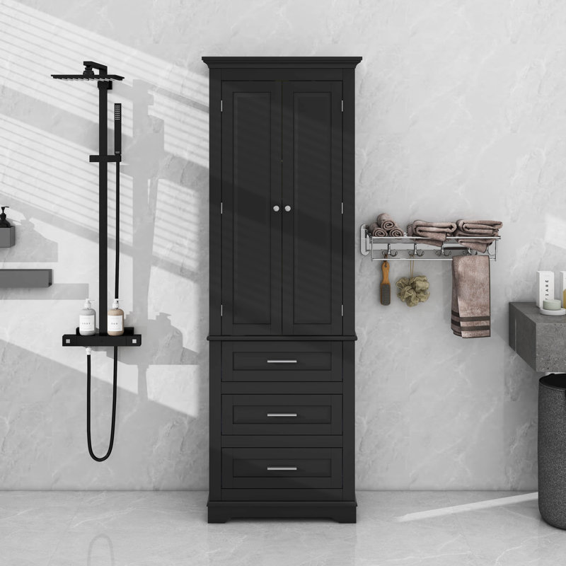 Grande armoire de rangement avec trois tiroirs pour la salle de bain / bureau, Noir