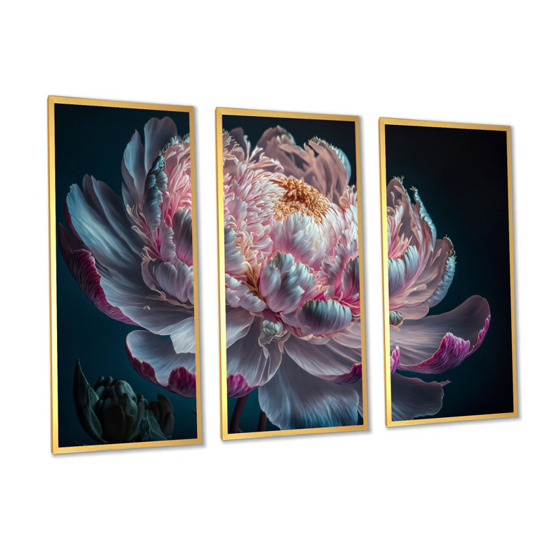 «Blossoming Pink and White Peony IV», reproduction de cadre flottant sur toile 3 pièces, H 28 po x l 36 po x P 1 po