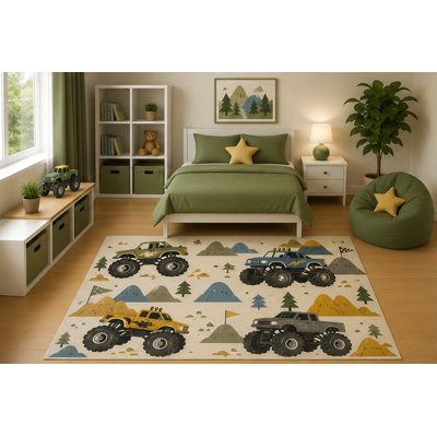 Tapis pour enfant «Ultra Léger» 5 pi x 7 pi Monstre Camion Aventures Off Road Pickup Mountain